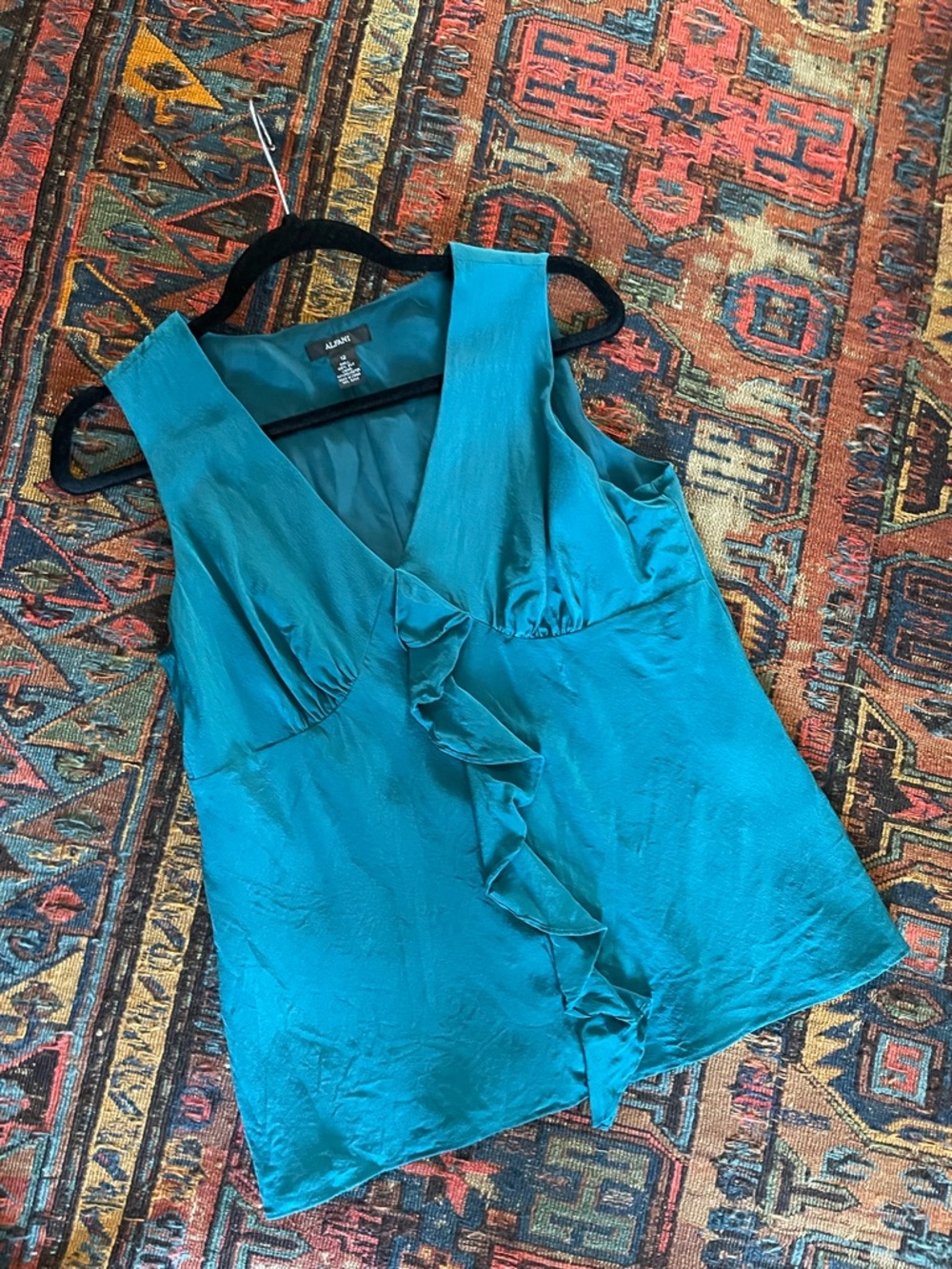 Teal Silk Ruffle V-Neck Tank Top